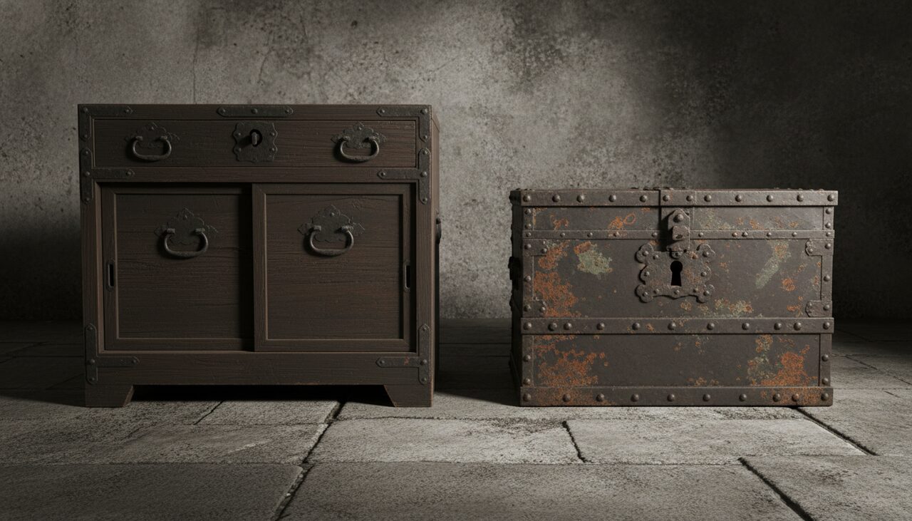 A tansu chest and an iron strongbox, different centuries, different continents. The haunted-object story has been told in every language.