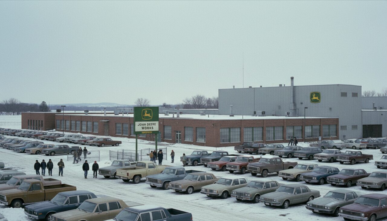 The John Deere plant at shift change. Where Allen reportedly went back to work after the house went quiet.