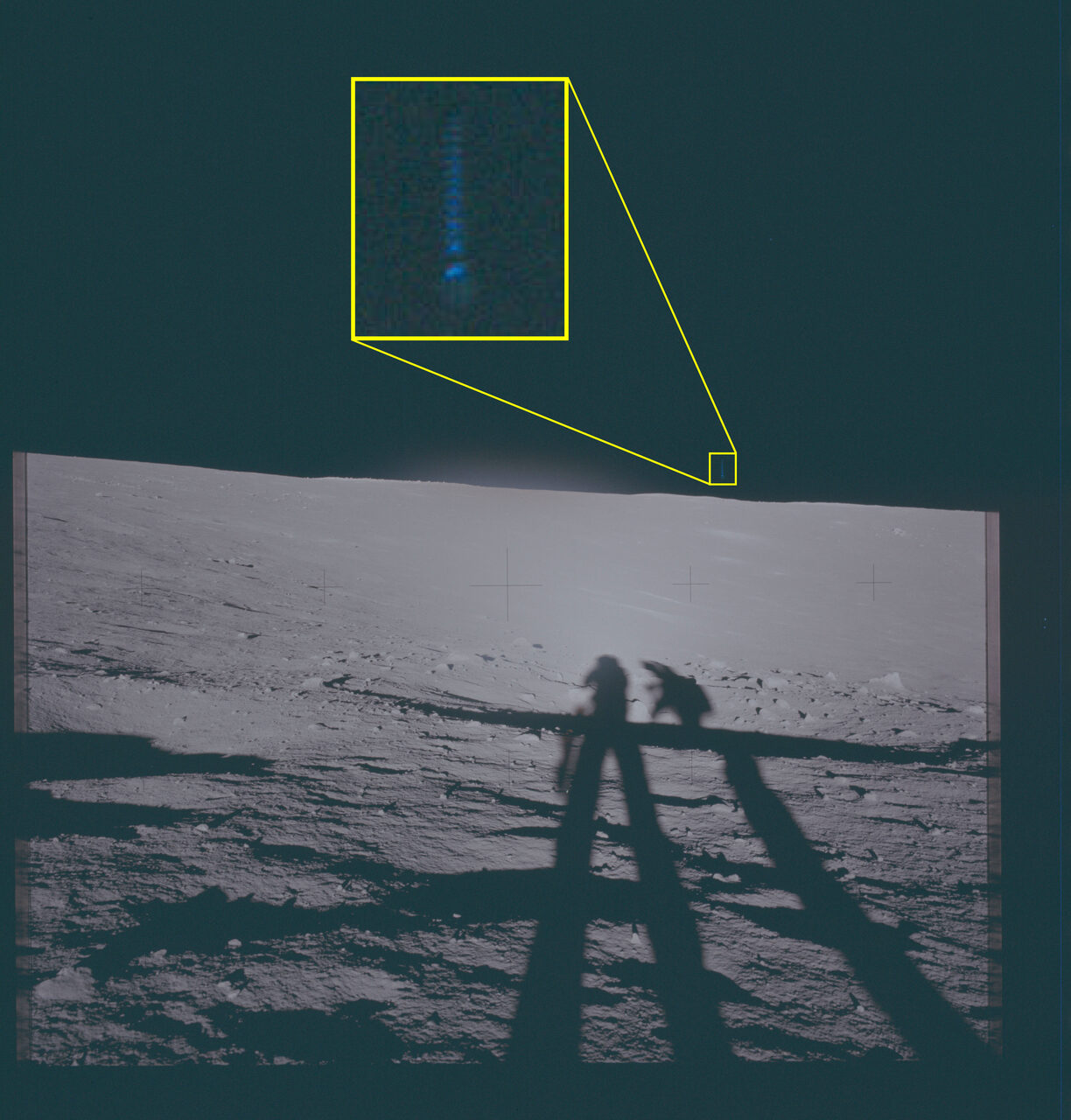 Apollo 12, 1969. The yellow callout is NASA's own, marking the object in the lunar sky.