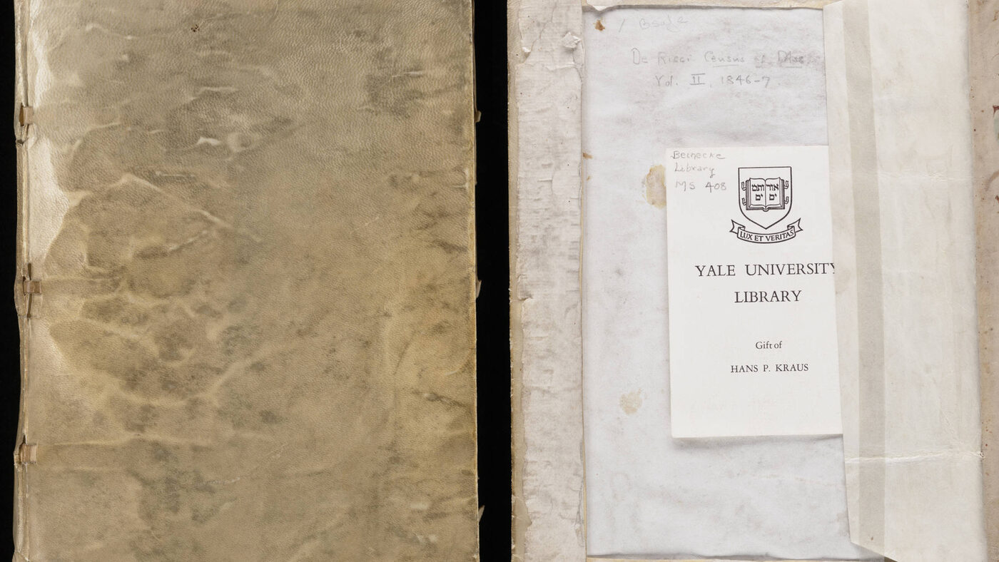 The book itself: limp vellum, no title, no author. Beinecke Rare Book and Manuscript Library, Yale — catalogued as MS 408.