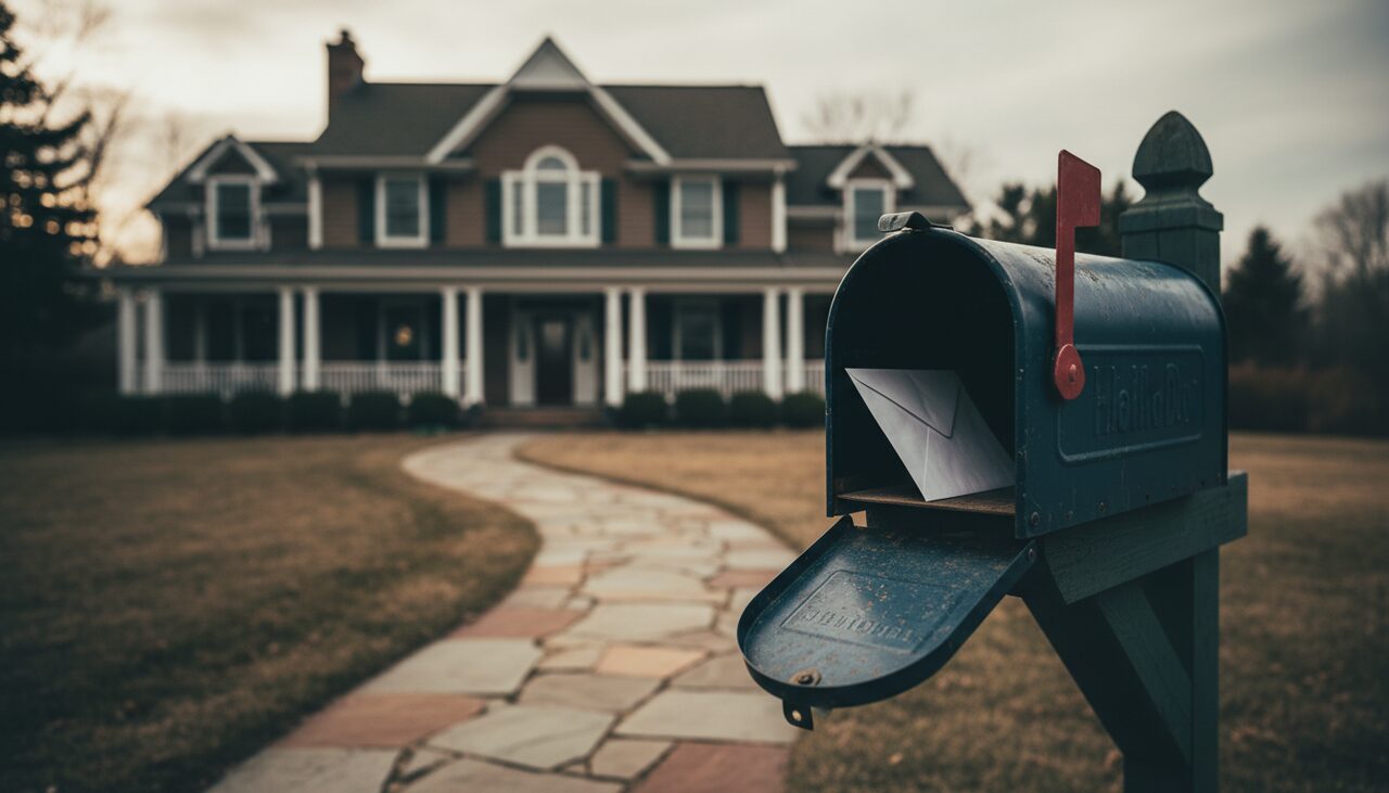 A mailbox at the end of the front walk, its door hanging open on a single white envelope.