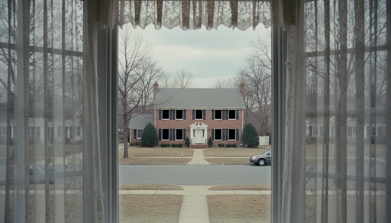 A second-floor window looking across the street at a neighbor's darkened glass. "I watch you from the house across the way," one letter reportedly read.