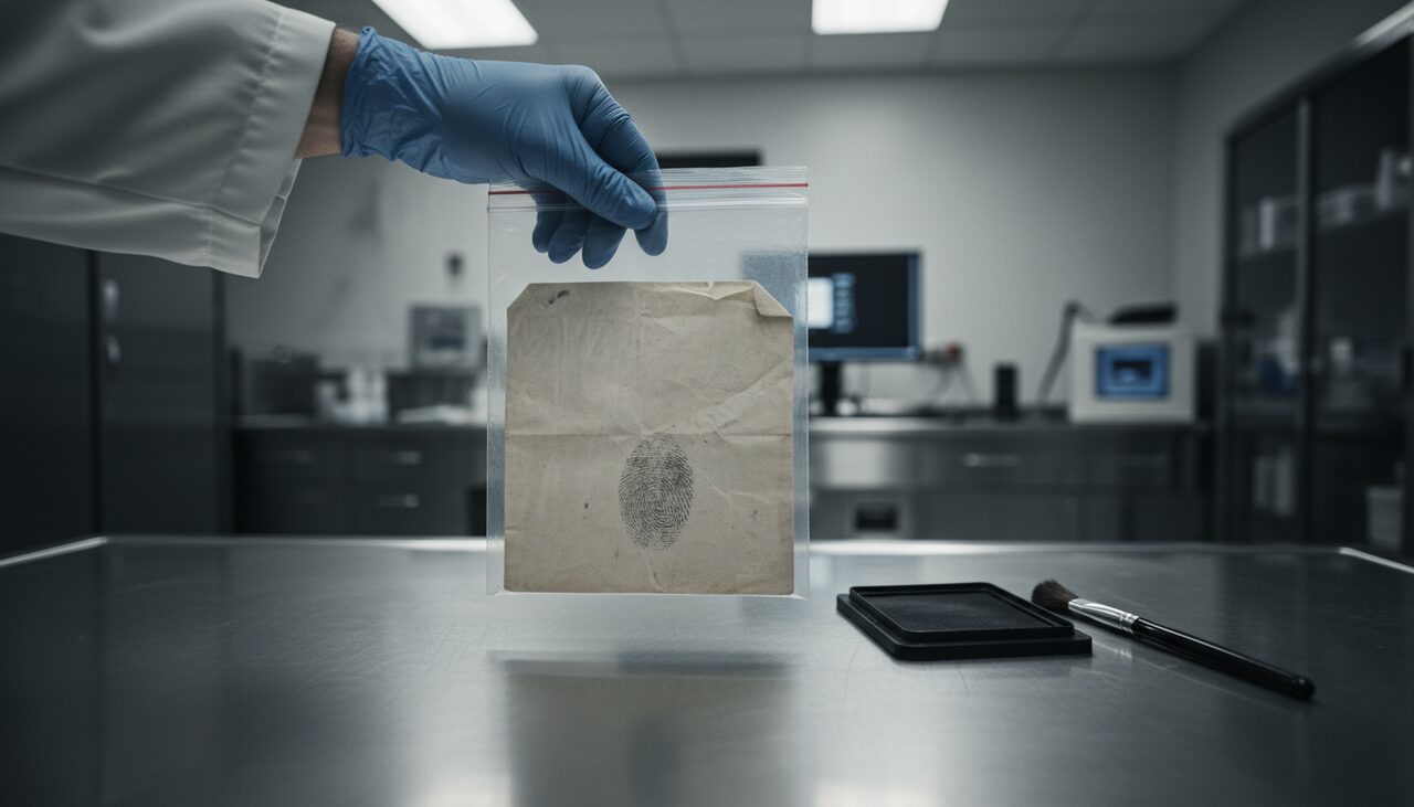 A latex-gloved hand bags a folded letter for the lab. The letters yielded no usable prints, no usable DNA.