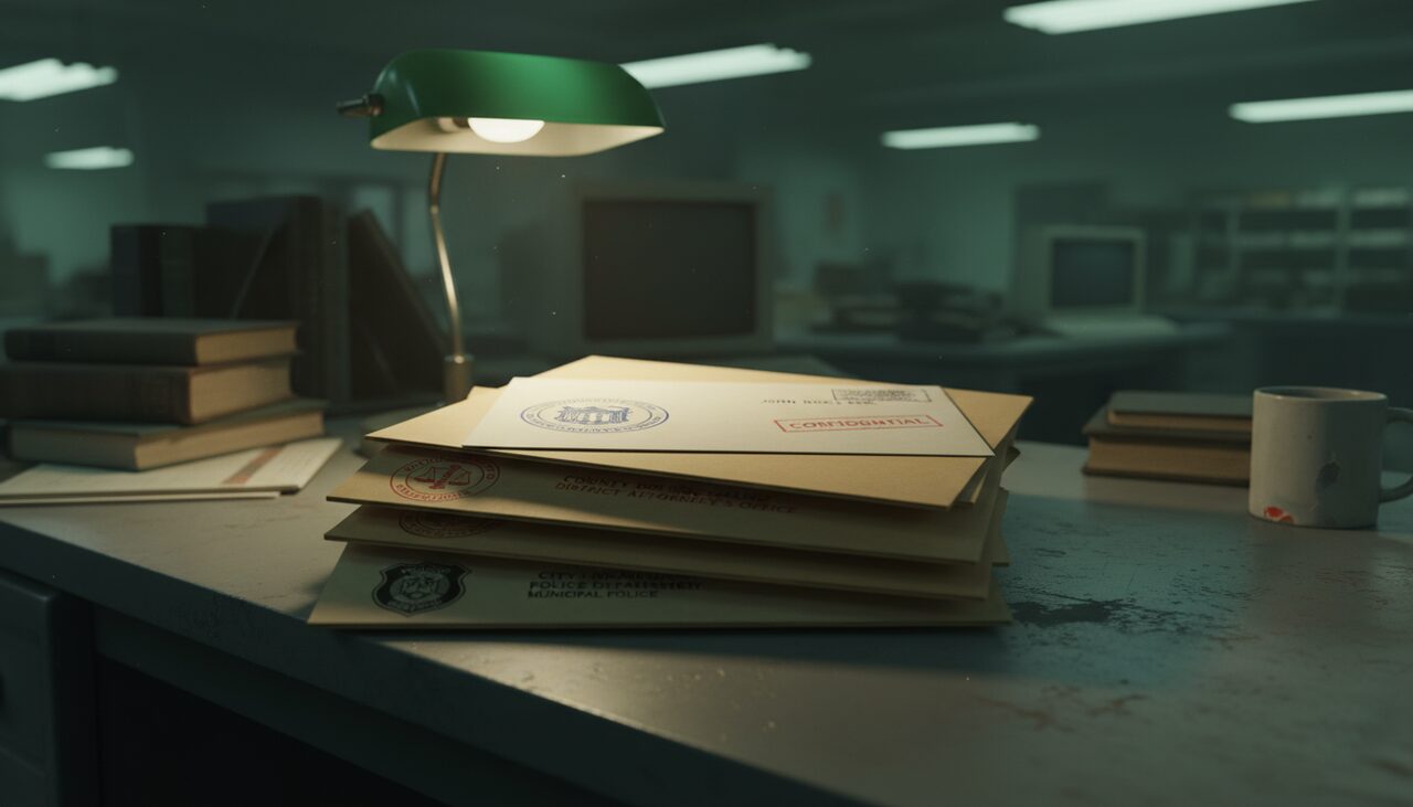 Four stacked case folders, one per agency, a single envelope on top. Municipal, county, postal, federal. The same letters, four times over.